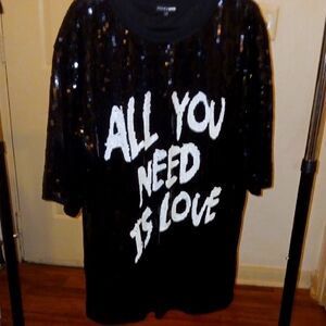 Black Sequin  Top with 'All You Need Is Love' Print